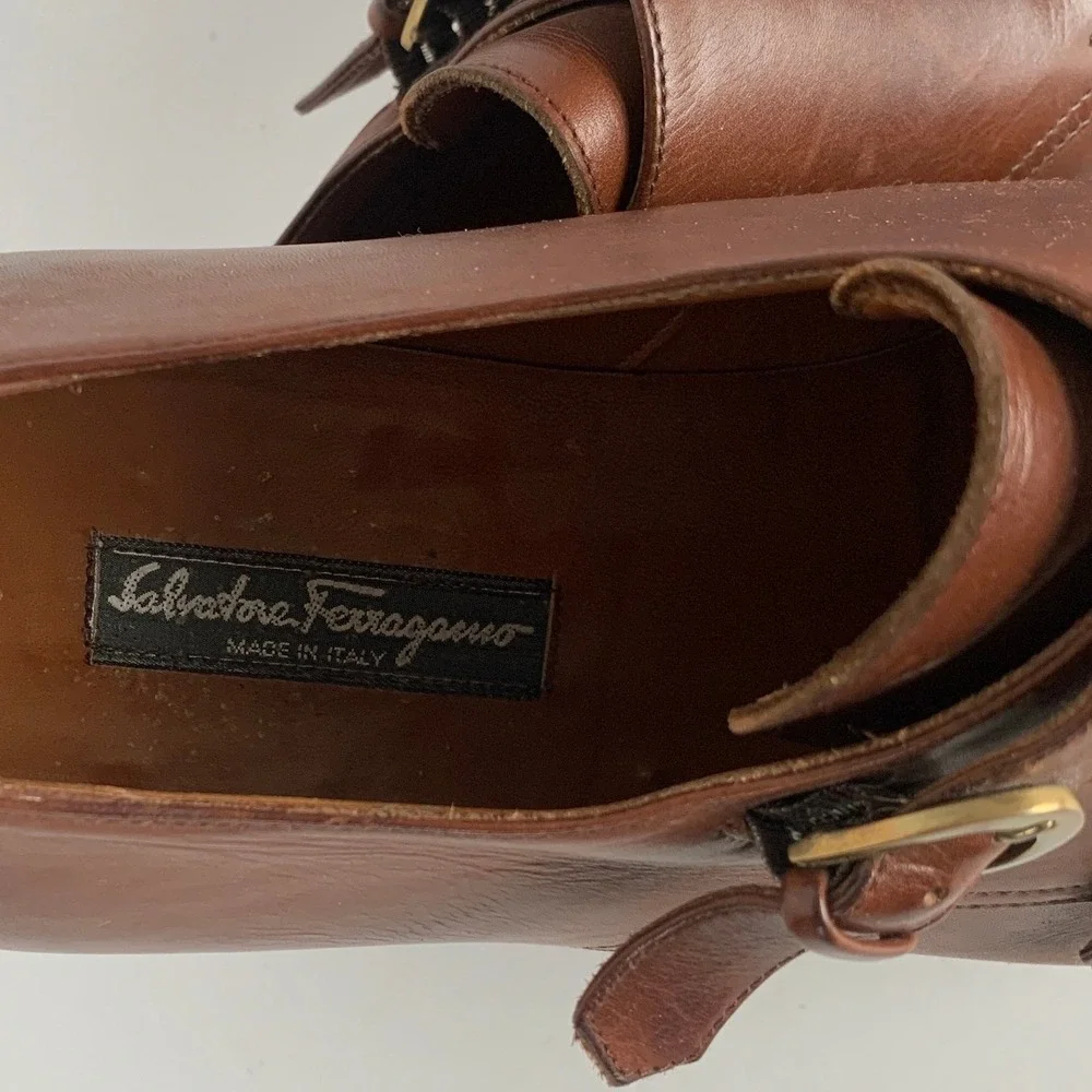 SALVATORE FERRAGAMO Leather Double Monk Strap Cap Toe Shoes 12 D Brown Italy